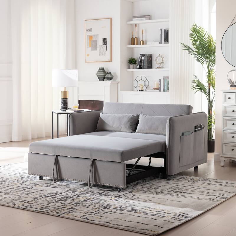 3 in 1 Convertible Sleeper Futon Sofa Bed, 55" Grey Velvet Loveseat with 2 Pillows, Reclining Backrest, Side Pockets