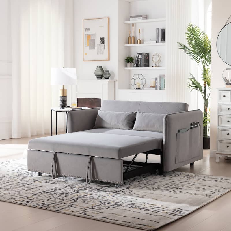 Small Convertible Sofa Bed, 55" Velvet Loveseat Couch with Pull-Out Bed, Pillows, Adjustable Backrest & Side Pockets