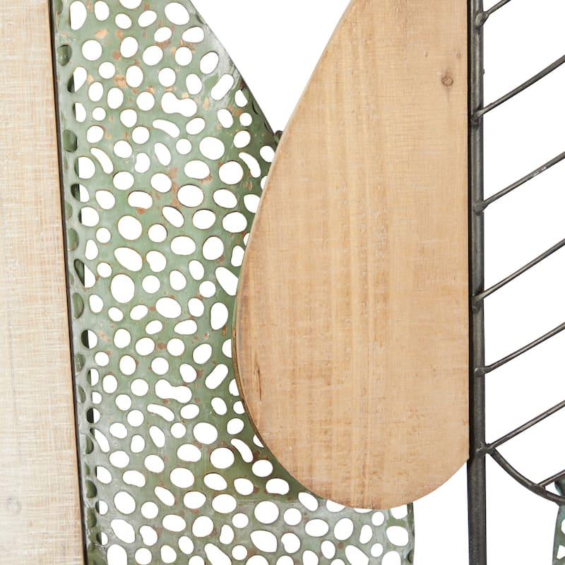 Wood Leaf Cutout Wall Decor with Green and Black Metal Wire Accents - Brown - Roche River Decor