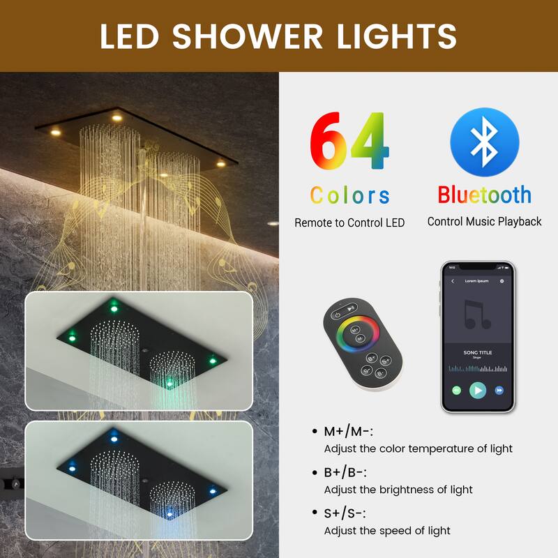 Thermostatic 4-Spray 28 in. x 15 in. Ceiling Mount Fixed and Handheld Dual Shower Head 2.5 GPM with LED Mood Light & Music