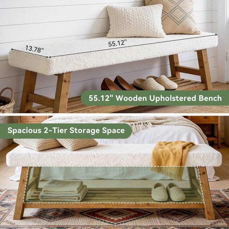 55 Inch Upholstered Shoe Rack Bench with Cushion for Entryway, Bedroom, Kitchen, Dining Room, Solid Wood Bench Seating
