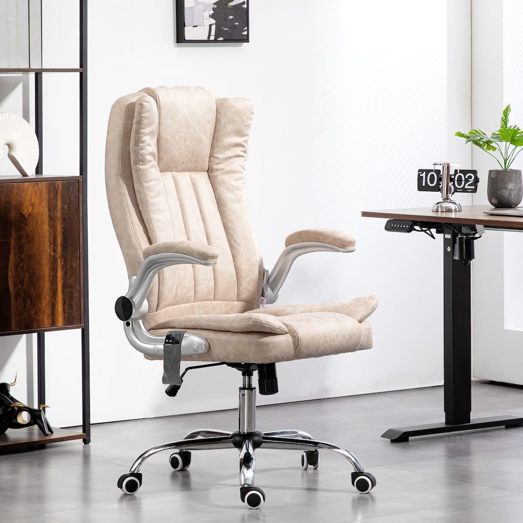 Cream White Ergonomic Chair Upholstered Chair with Flip Up Armrests, Executive Office Chair Swivel Reclining Chair
