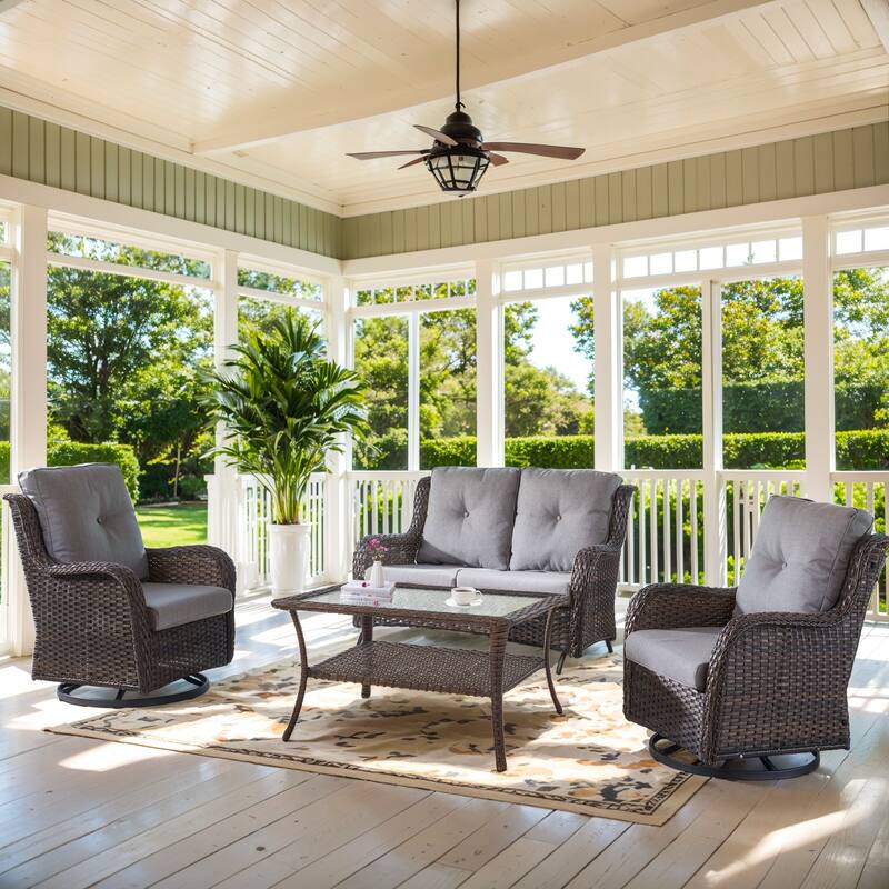 Patio Swivel Chair with Glider Loveseat Table - Grey - Brown