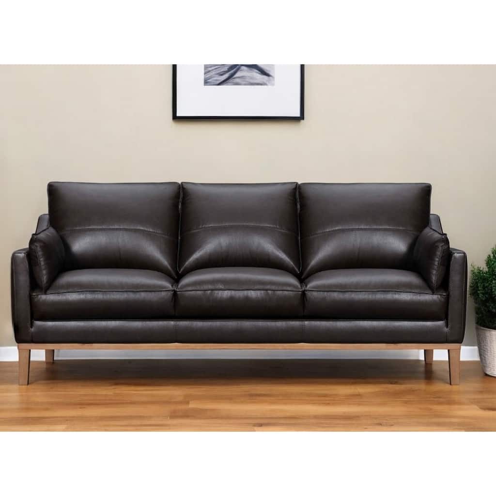 HomeRoots 87" Dark Brown Leather Sofa And Toss Pillows With Brown Legs
