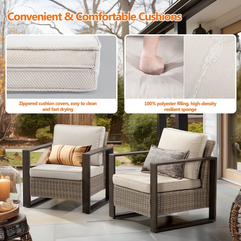 Cozywor 2-Piece Patio Wicker Outdoor Lounge Chair with Metal Frame and Cushions