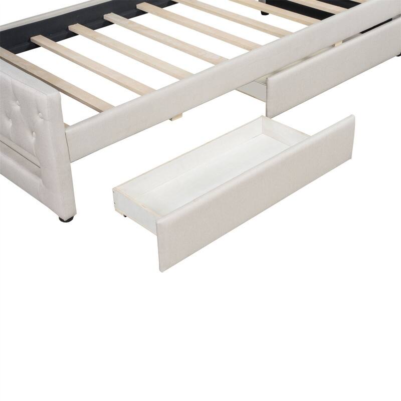 Twin XL Size Daybed with LED Belt and 2 Storage Drawers, Upholstered Daybed Frame Sofa Bed with Slats Support for Bedroom
