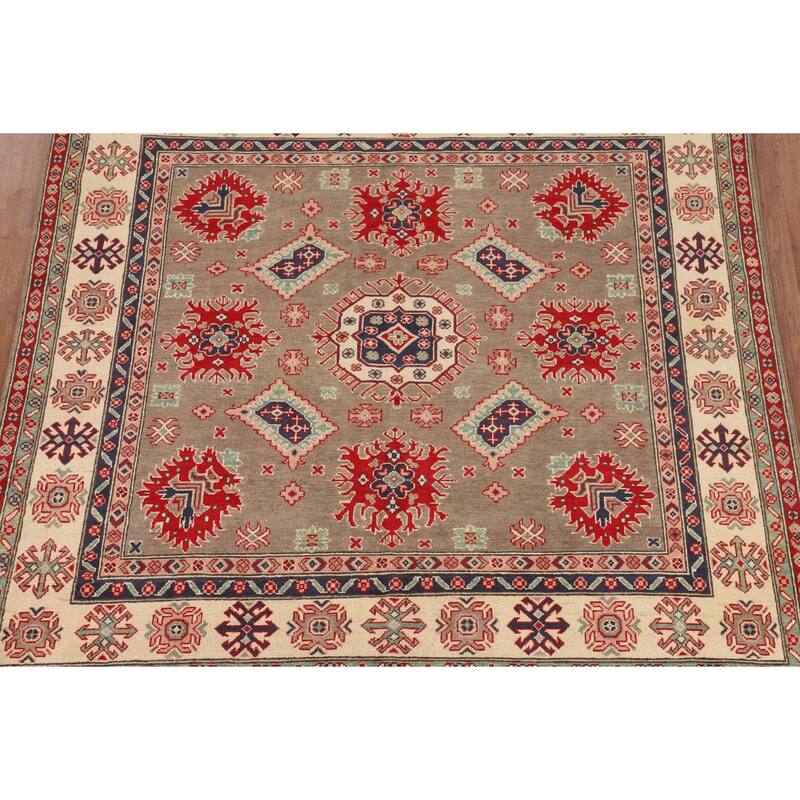 Brown Geometric Kazak Oriental Square Rug Hand-Knotted Wool Carpet - 6'8" x 6'5"