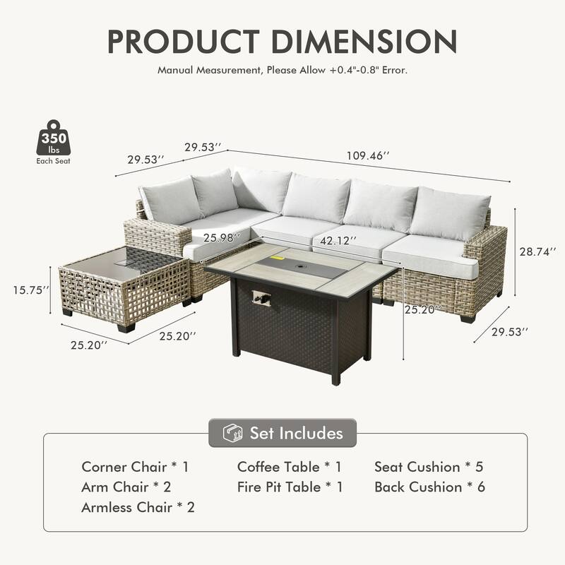 OVIOS 7 Pieces T shaped Seat Wide Armrest Set With Solar-Powered Coffee Table&Fire Pit