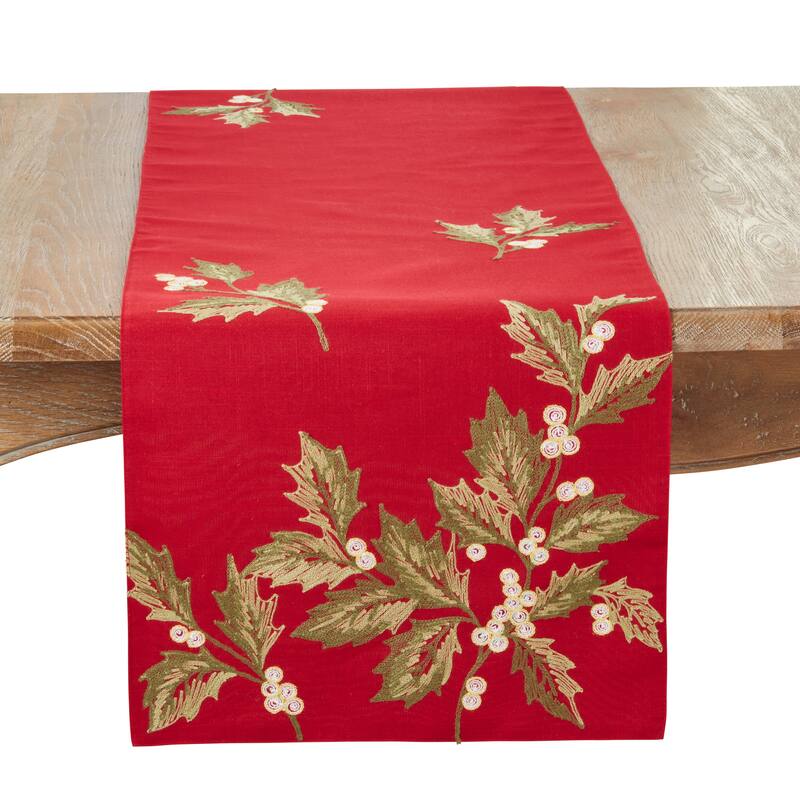 Evergreen Holly Leaves Table Runner - 16"x70" - Red
