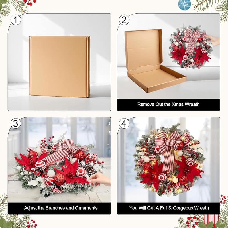 24 in Pre-Lit Christmas Wreath with Lights with Ball Ornaments Bows - N/A