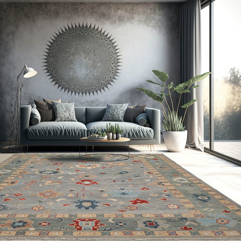 Hand Knotted Oushak Slate All-Over Wool Arts & Crafts Oriental Rug - 9' 1'' x 11'
