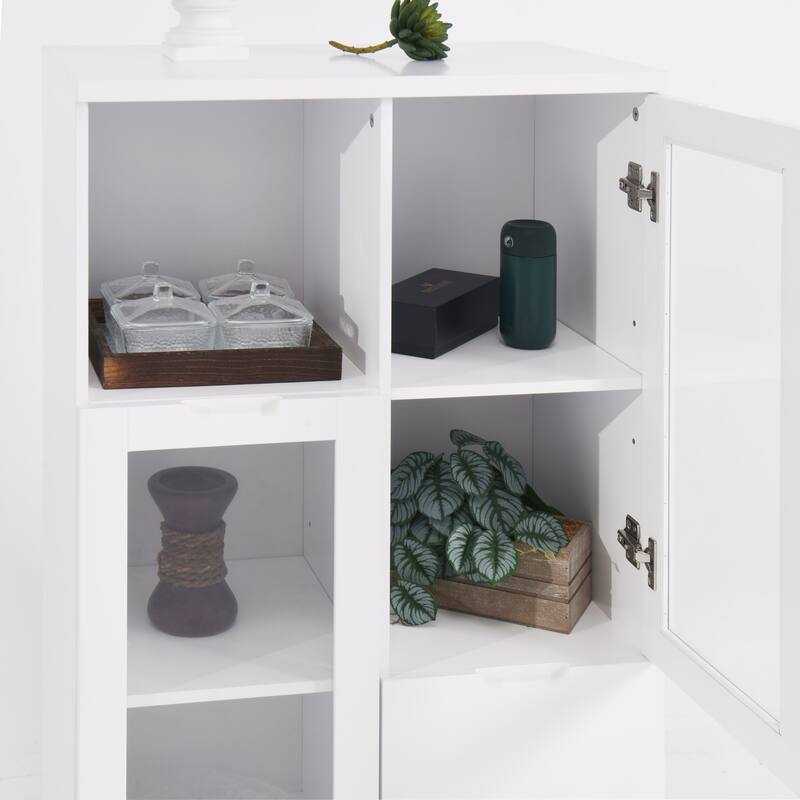 Wooden Floor Cabinet with 2 Glass Doors and 2 Storage Space,White ,Living Room Bathroom Entryway White