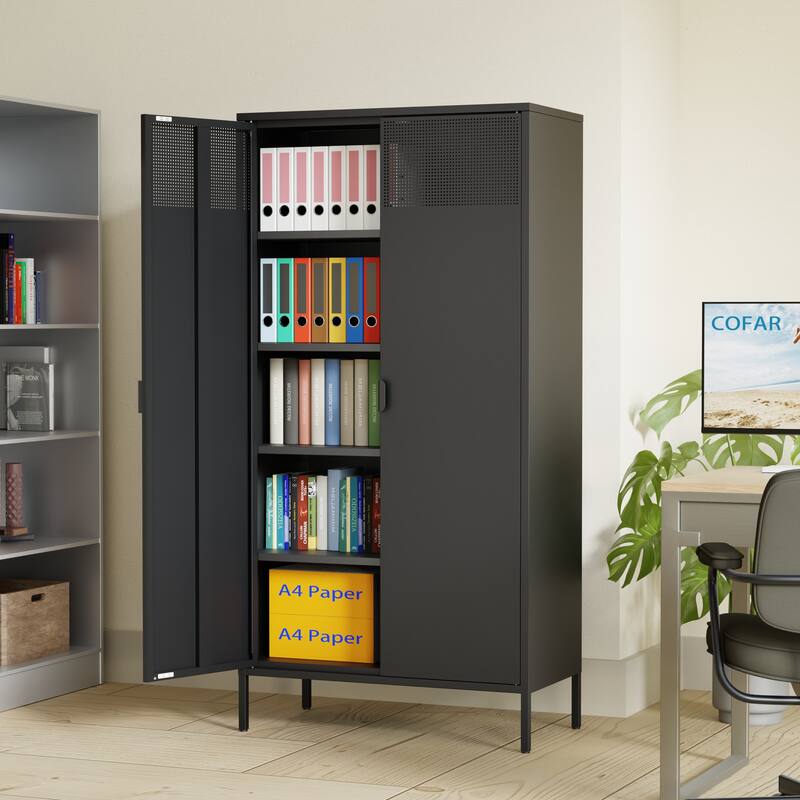 Sideboard Cabinet with Non-Slip Adjustable Feet, Metal Pantry Cabinet with Magnetic Doors & Adjustable Shelves