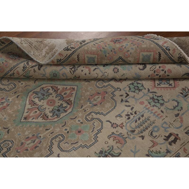 Beige Tabriz Persian Vintage Area Rug Hand-Knotted Wool Carpet - 6'6" x 9'9"