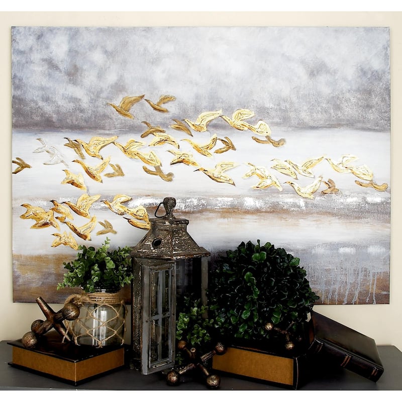 Canvas Bird Framed Wall Art with Silver Frame - Gold - Roche River Decor