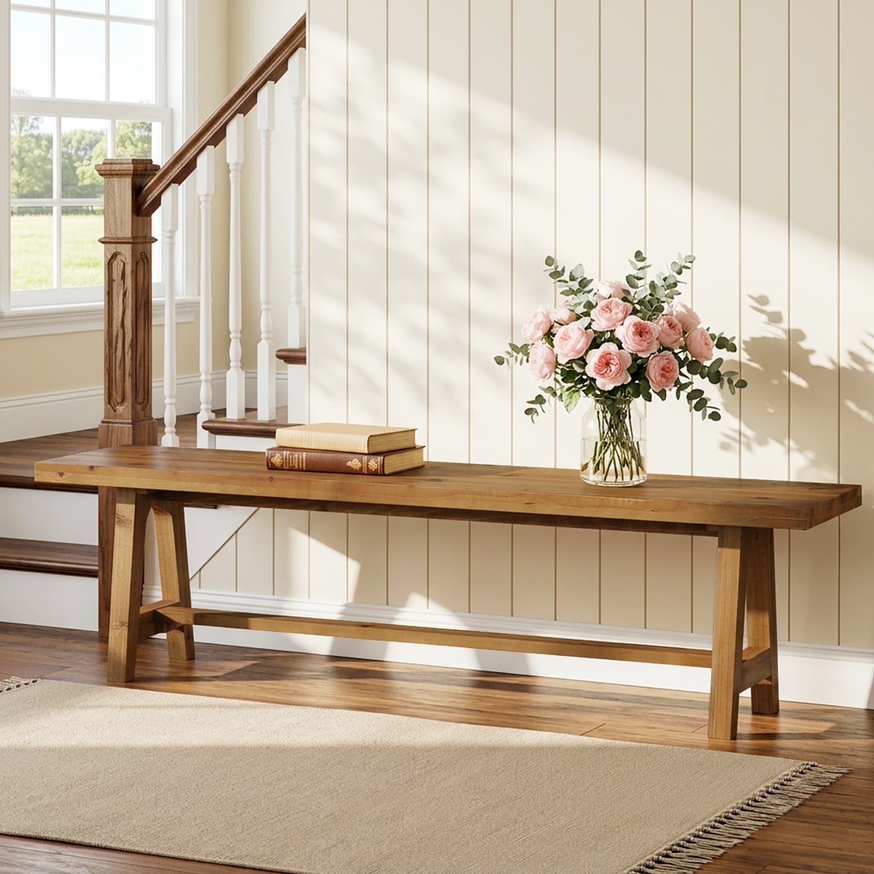 63-inch Solid Wood Entryway Bench, Farmhouse Dining Bench