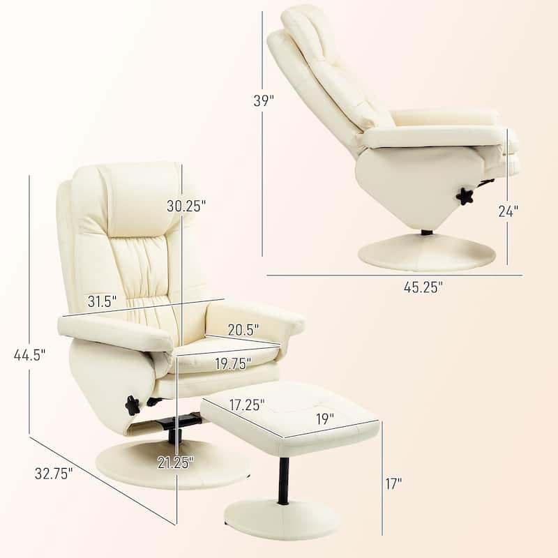 Cream White Adjustable Recliner Including Ottoman with Padded Seat and Flared Armrests Swivel Base