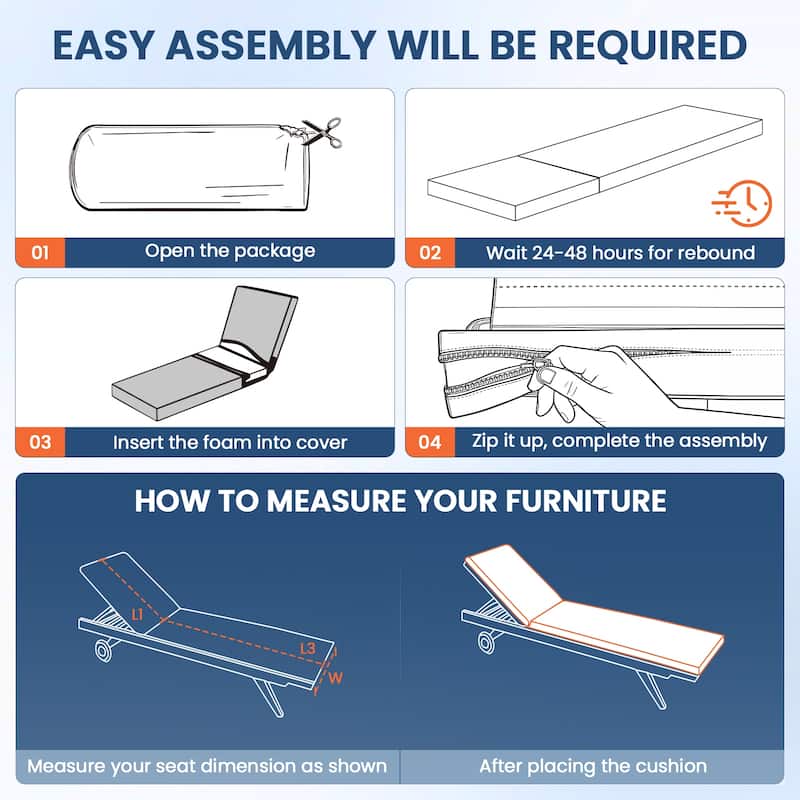 Pocassy 71x22In Outdoor Chaise Lounge Cushions with Zipper