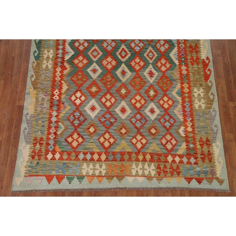 Hand Woven Oriental 100% Wool Carpet Southwestern Geometric Green Kilim Area Rug - 9' 8'' X 6' 8''