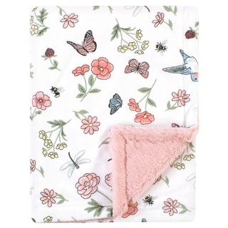 Hudson Baby Infant Girl Plush Blanket with Furry Binding and Back, Hummingbird Garden, One Size - Hummingbird Garden - One Size