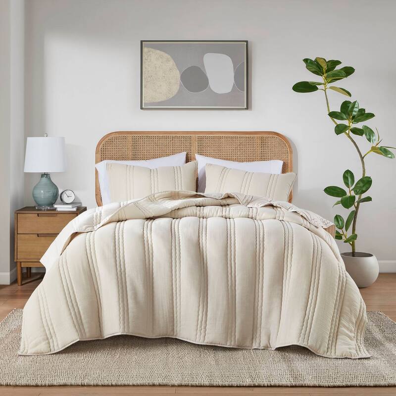 3 PCS King/Cal King Poly Gauze Quilt Set Natural