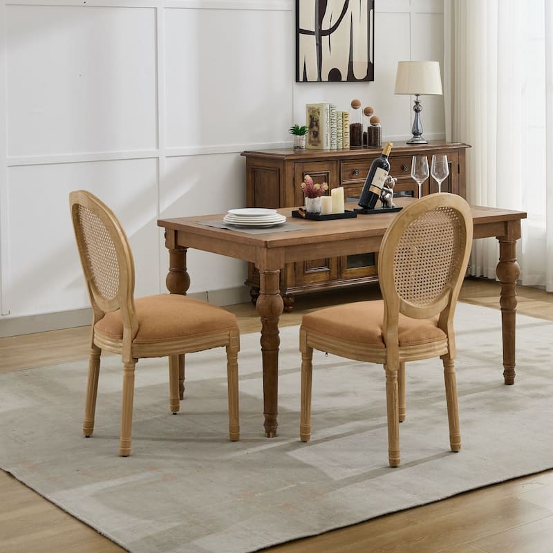 French Style Solid Wood Frame Antique Painting Linen Fabric Rattan Back Dining Chair,Set of 2