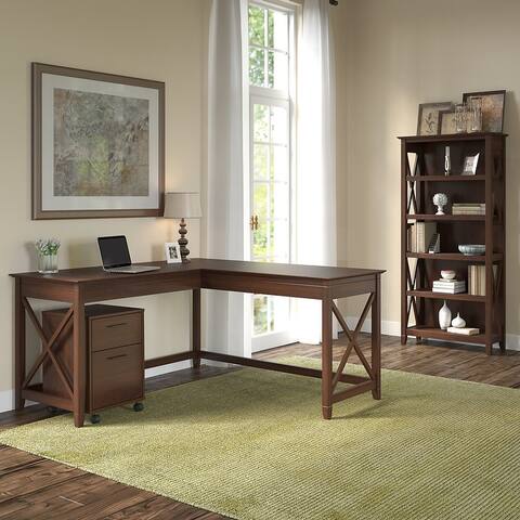 Key West 60W L Desk with File Cabinet and Bookcase by Bush Furniture