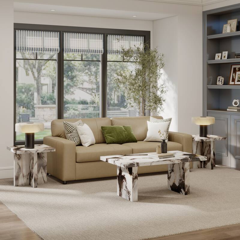 Roundhill Furniture Cavira 3-Piece Faux Marble Coffee Table Set - Off-White - Coffee Table and 2 Side Tables