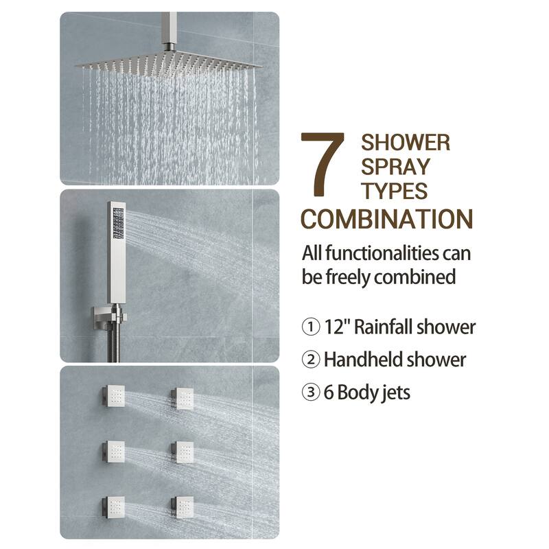 Shower System 12" Ceiling Rain Shower Head with 3-Way Thermostatic Faucet & Body Jets