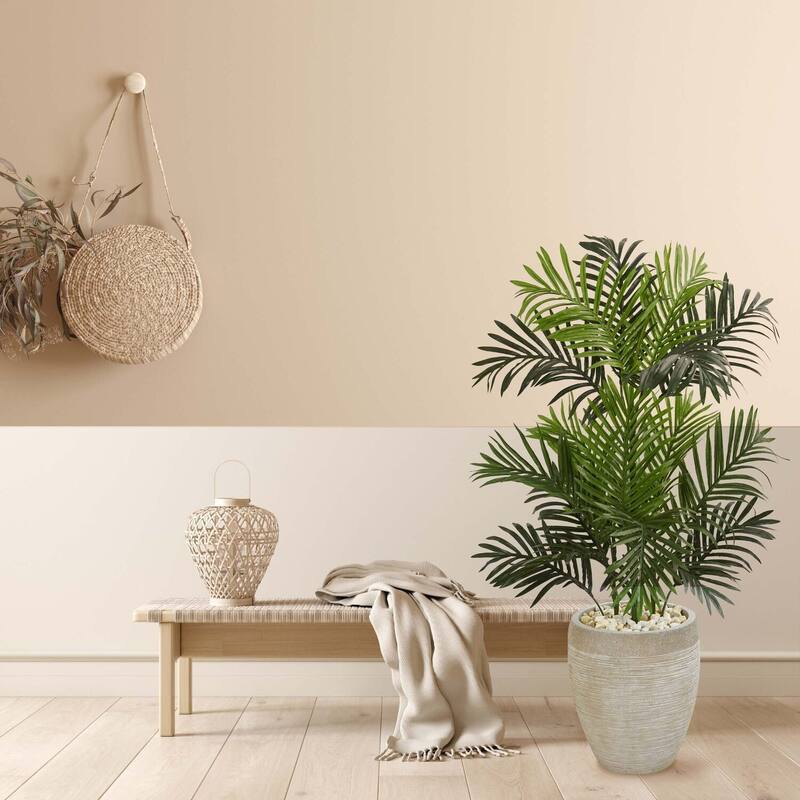 Artificial Palm Tree Indoor - 42" Realistic Green Fronds & Sand Planter - Home Decor Accent - 41-50 Inches