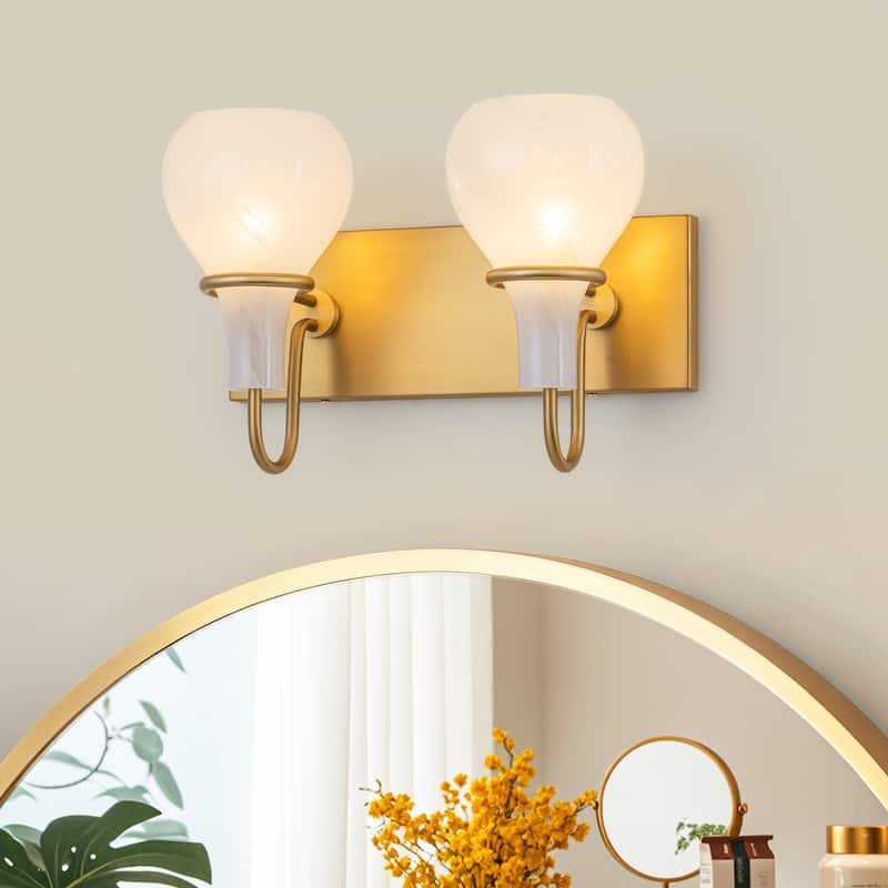 Modern Gold Vanity Light with Clouded Glass Bulb-Vase Shades Bathroom - 2-Light