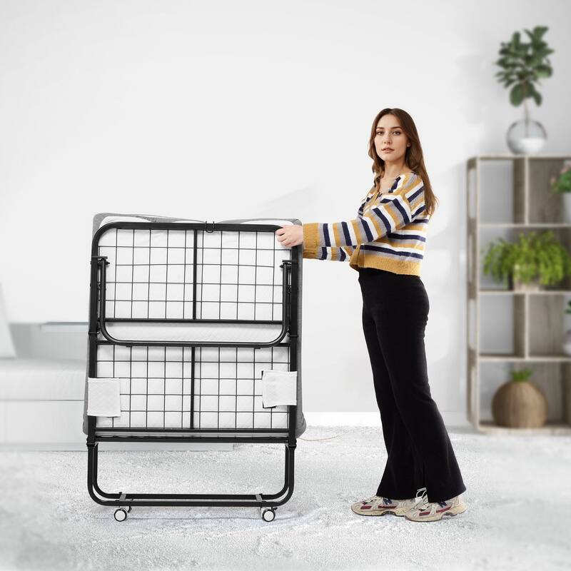 White Polyester Rollaway Folding Bed with 5 Inches Foam Mattress and Steel Frame