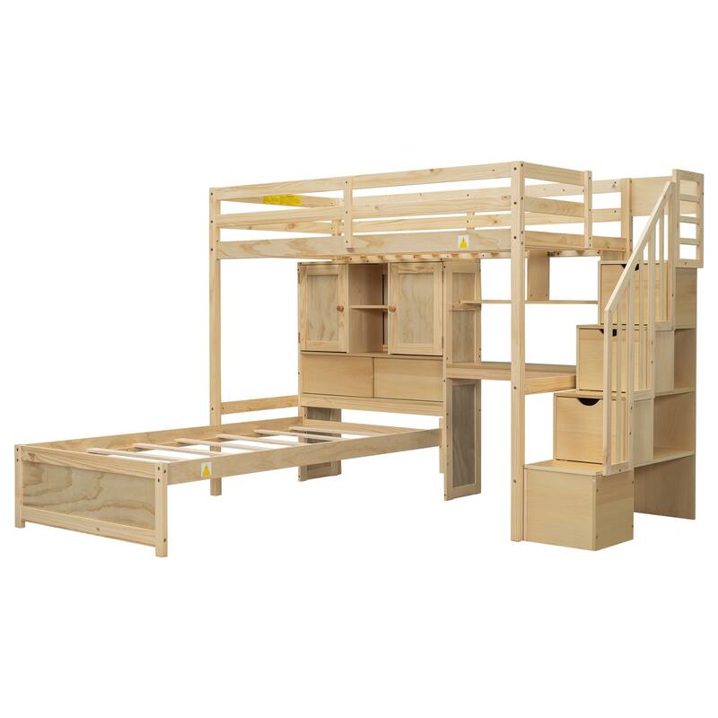 Twin over Twin Loft Bed L-Shaped Bunk Bed with Desk and Storage Shelf, Storage Stairs, Double Door Storage Headboard