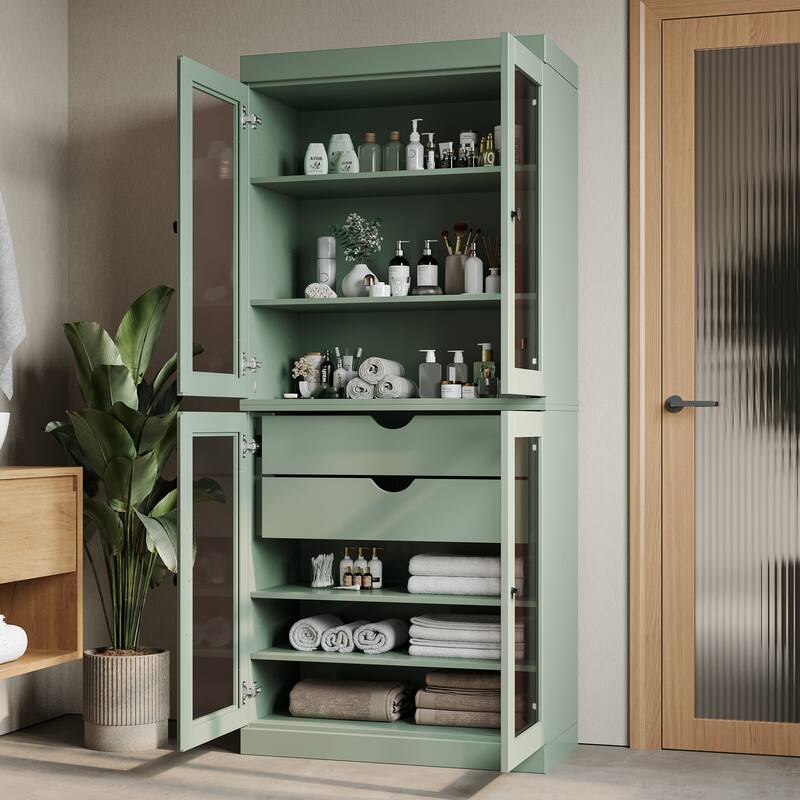 Palace Imports 100% Solid Wood Bathroom Storage Cabinet, Clear Glass Doors, 2 Drawers, Adjustable Shelves, 32" Wide, 71.5" Tall - Sage