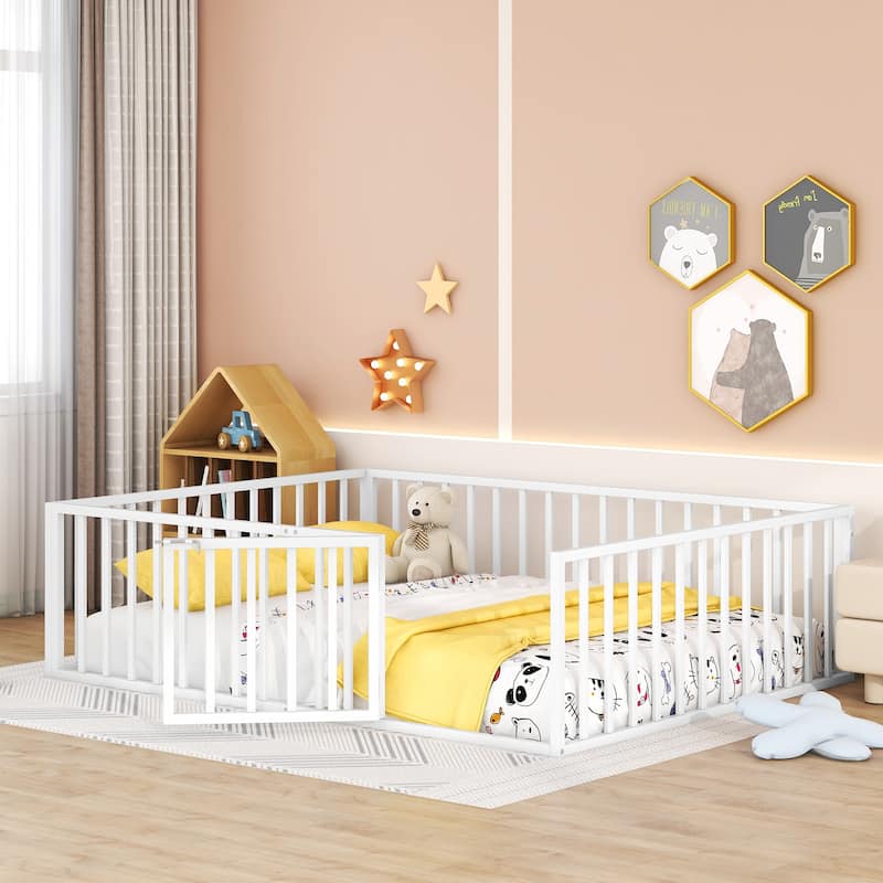 Metal Floor Bed Frame with Fence and Door