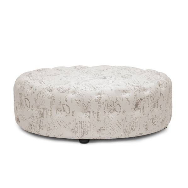 Isaac Beige Linen Upholstery Script Print Modern Tufted Ottoman
