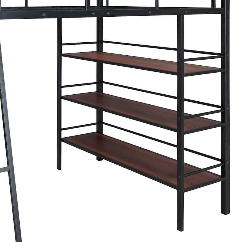 Full Size Metal Loft Bed with Shelves and Desk