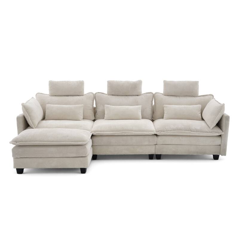 Modern Cream Corduroy 4-Seater Sectional Sofa with Adjustable Headrests, Pocket Spring Seats & Chaise Lounge