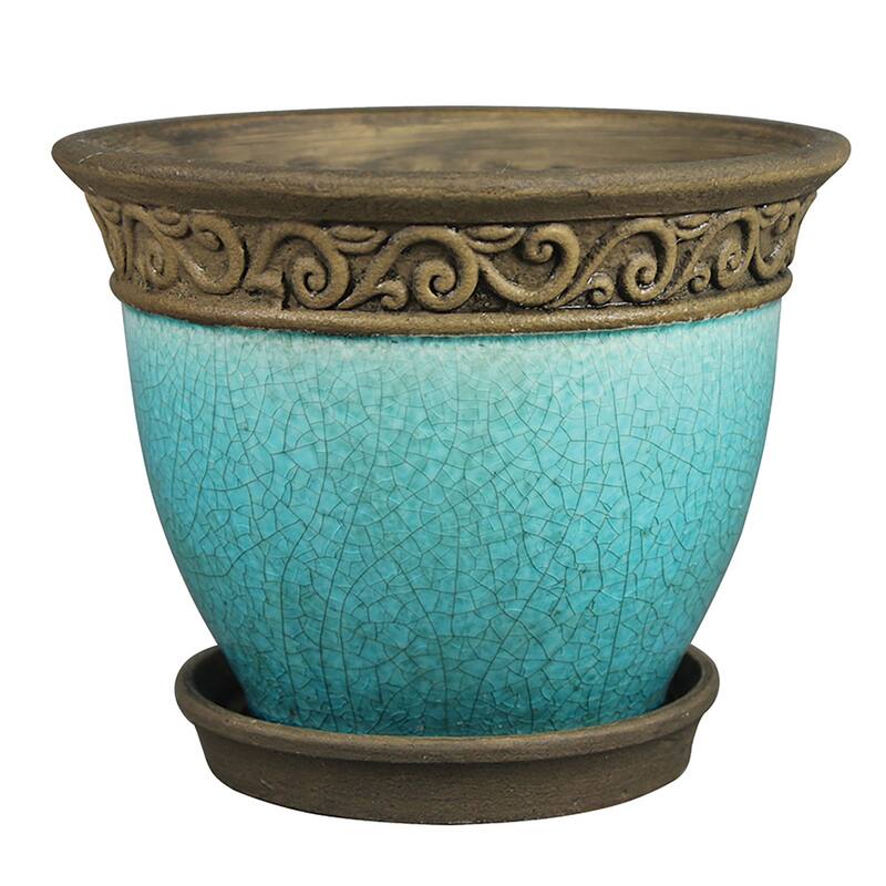 Southern Patio Cadiz 8" Crackled Ceramic Planter Pot w/Saucer, Teal (2 Pack) - 8.16
