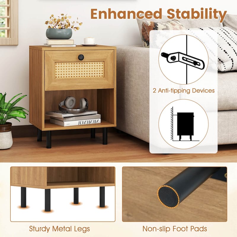 Costway 1/2 PCS Rattan Nightstand Boho End Table with Drawer & Open - See Details