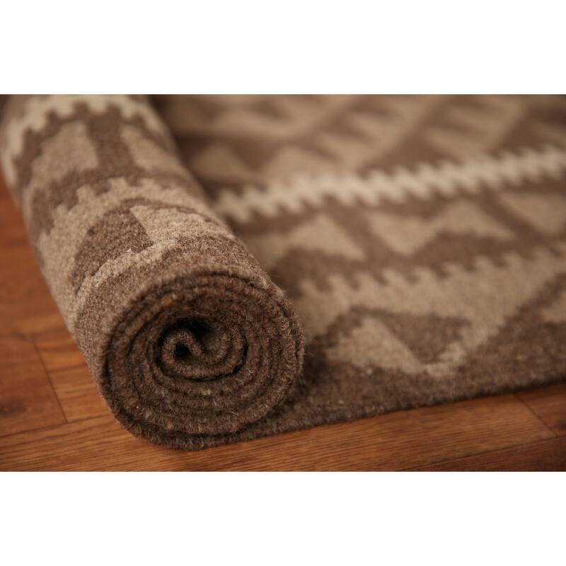 Geometric Kilim Brown Area Rug Flat-weave Wool Carpet - 6'6" x 10'0"