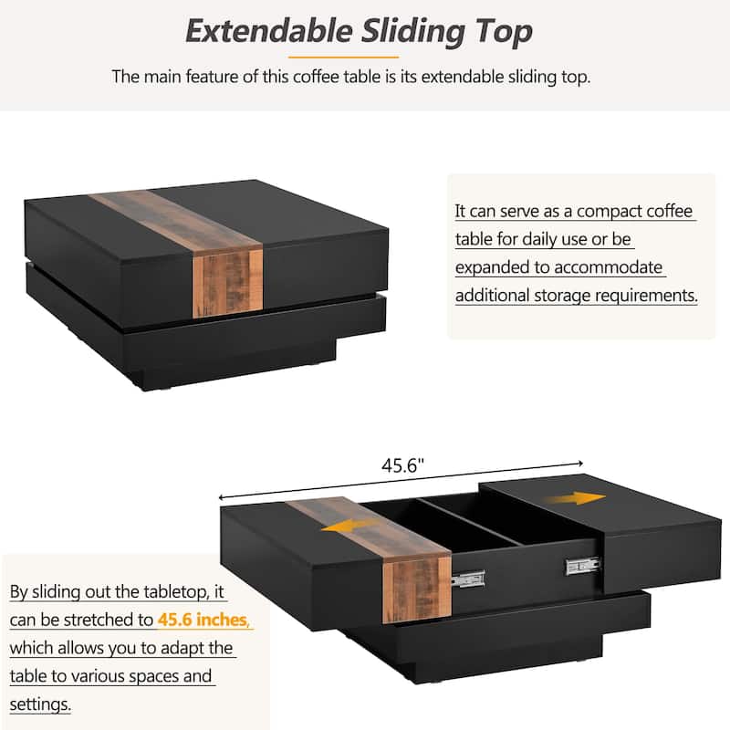 31.4" Square Coffee Table with Sliding Tabletop, Extendable High Gloss Center Table with Hidden Storage