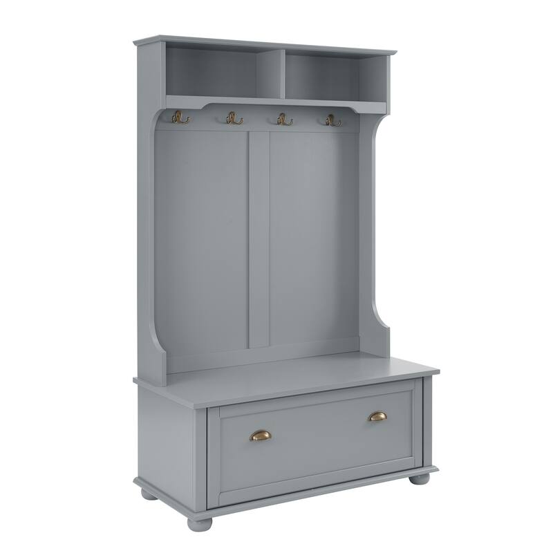 Hall Tree Entryway Bench with Open Shelves and Shoe Cabinets - Grey