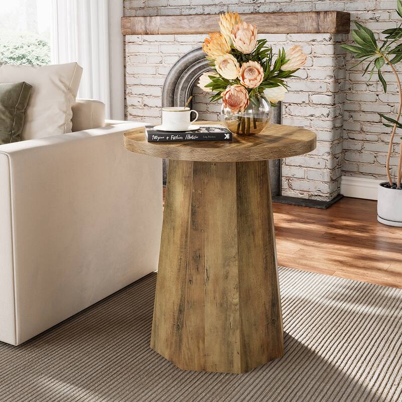 Round End Table, Wooden Couch Side Table, Nightstand Accent Furniture for Living Room, Bedroom