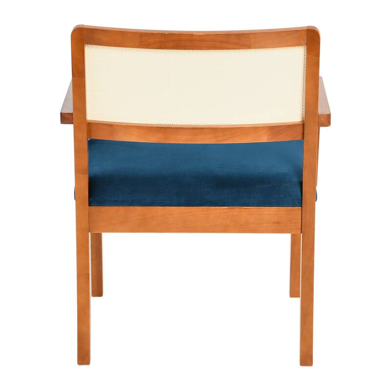 Solid Wood Arm Chair with Woven Cane Back and Velvet Upholstered Seat