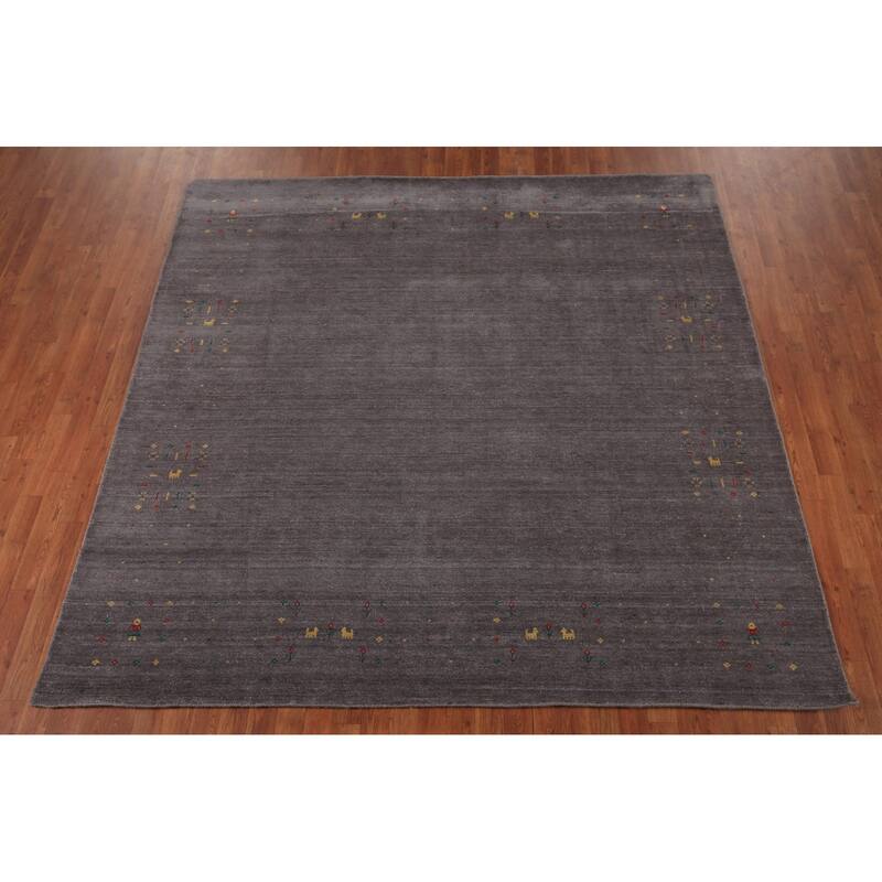 Tribal Gray Gabbeh Indian Square Area Rug Silk Carpet - 7'10" X 7'10"