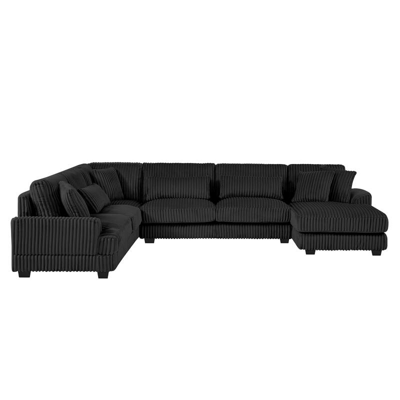 U-Shaped Sectional Sofa with Chaise Lounge, Oversized Corduroy Upholstered Sofa, 5 Seater Sofa with Removable Throw Pillows