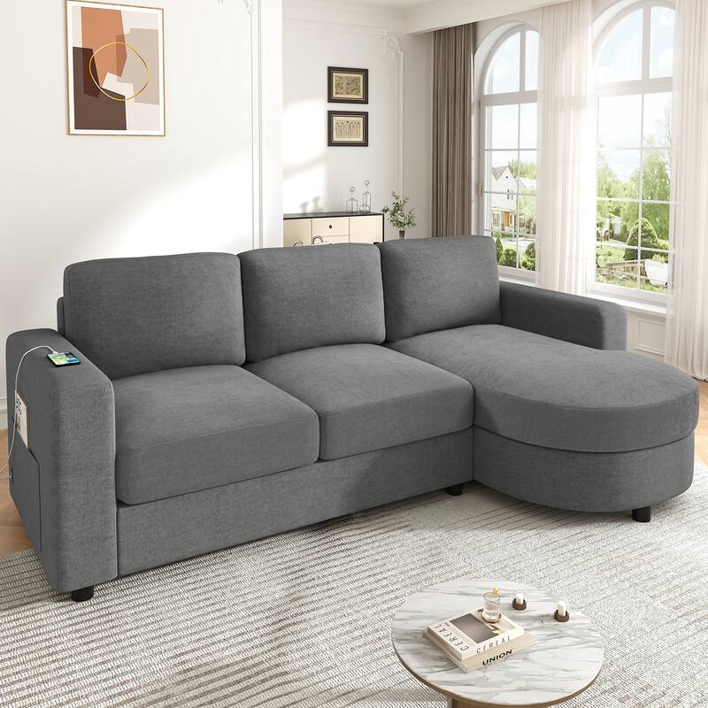 Modern Sectional Sofa 84.6" L-shaped Sofa Couch with a Curved Chaise Lounge - Grey