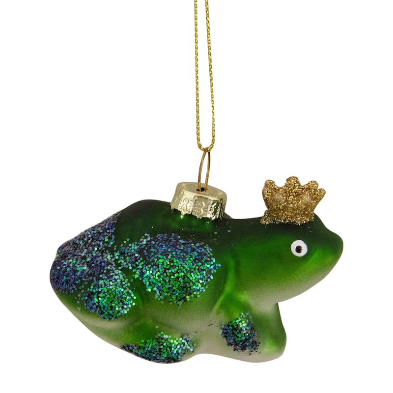 3" Green White Prince Frog in a Gold Crown Glass Christmas Ornament