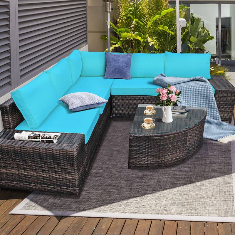 Gymax 6PCS Wicker Furniture Sectional Sofa Set w/ Cushions Turquoise - See details